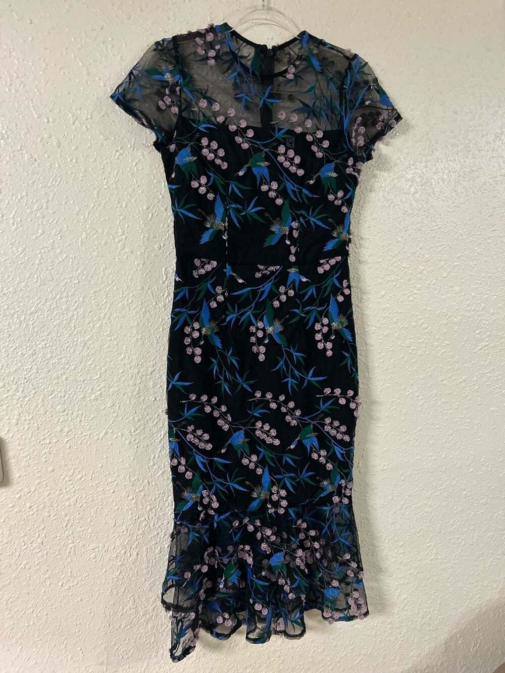 Vone Anthropologie Black Floral Embroidered Mesh Ruffle Hem Midi Dress